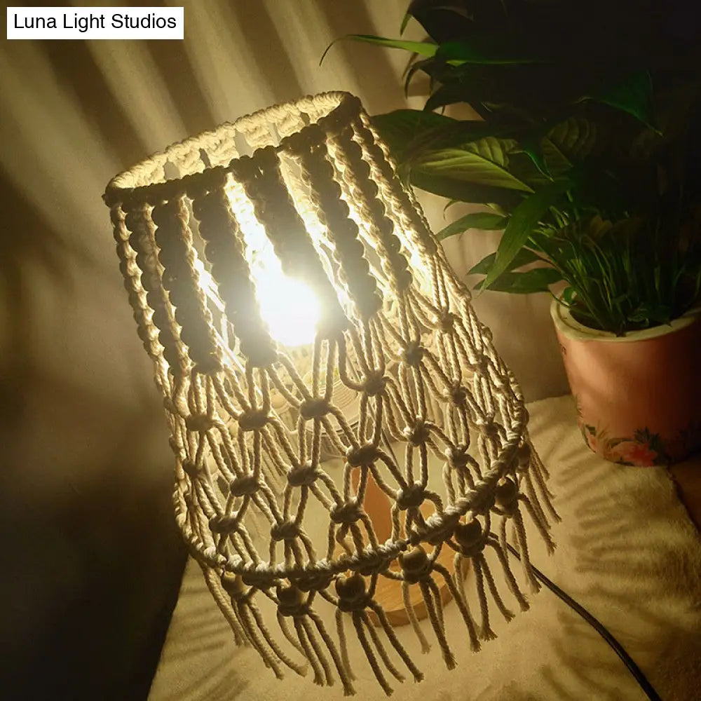 Yellow Handwoven Rope Table Lamp With Tassel Fringe - 1 Head Night Lighting