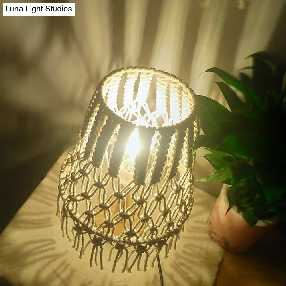 Yellow Handwoven Rope Table Lamp With Tassel Fringe - 1 Head Night Lighting