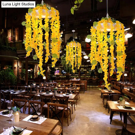 Yellow Industrial Metal Drop Pendant Ceiling Light With Pvc Floral Deco