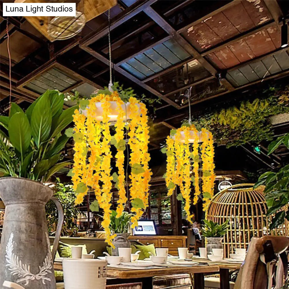 Yellow Industrial Metal Drop Pendant Ceiling Light With Pvc Floral Deco