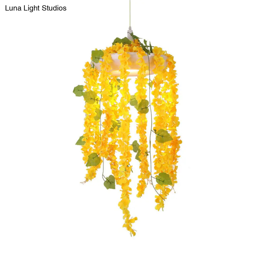 Yellow Industrial Metal Drop Pendant Ceiling Light With Pvc Floral Deco