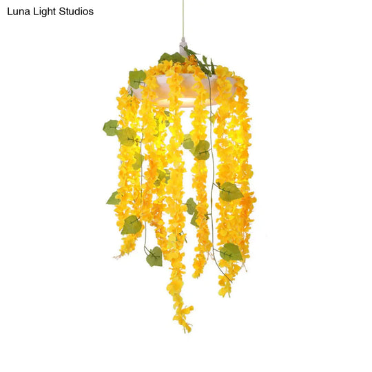 Yellow Industrial Metal Drop Pendant Ceiling Light With Pvc Floral Deco