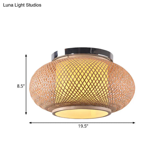 Yellow Lantern Shade Flush Light - Contemporary Style 16/19.5 Dia 1-Head Bamboo Ceiling Mounted For