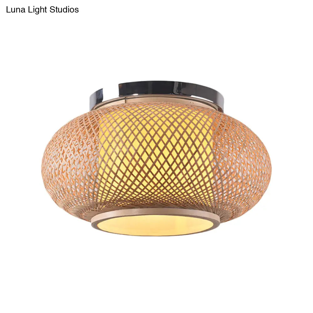 Yellow Lantern Shade Flush Light - Contemporary Style 16/19.5 Dia 1-Head Bamboo Ceiling Mounted For