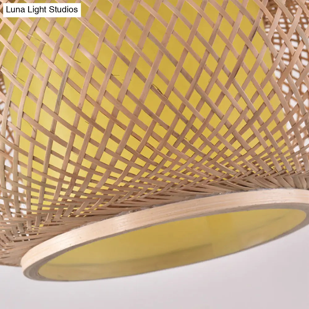 Yellow Lantern Shade Flush Light - Contemporary Style 16/19.5 Dia 1-Head Bamboo Ceiling Mounted For