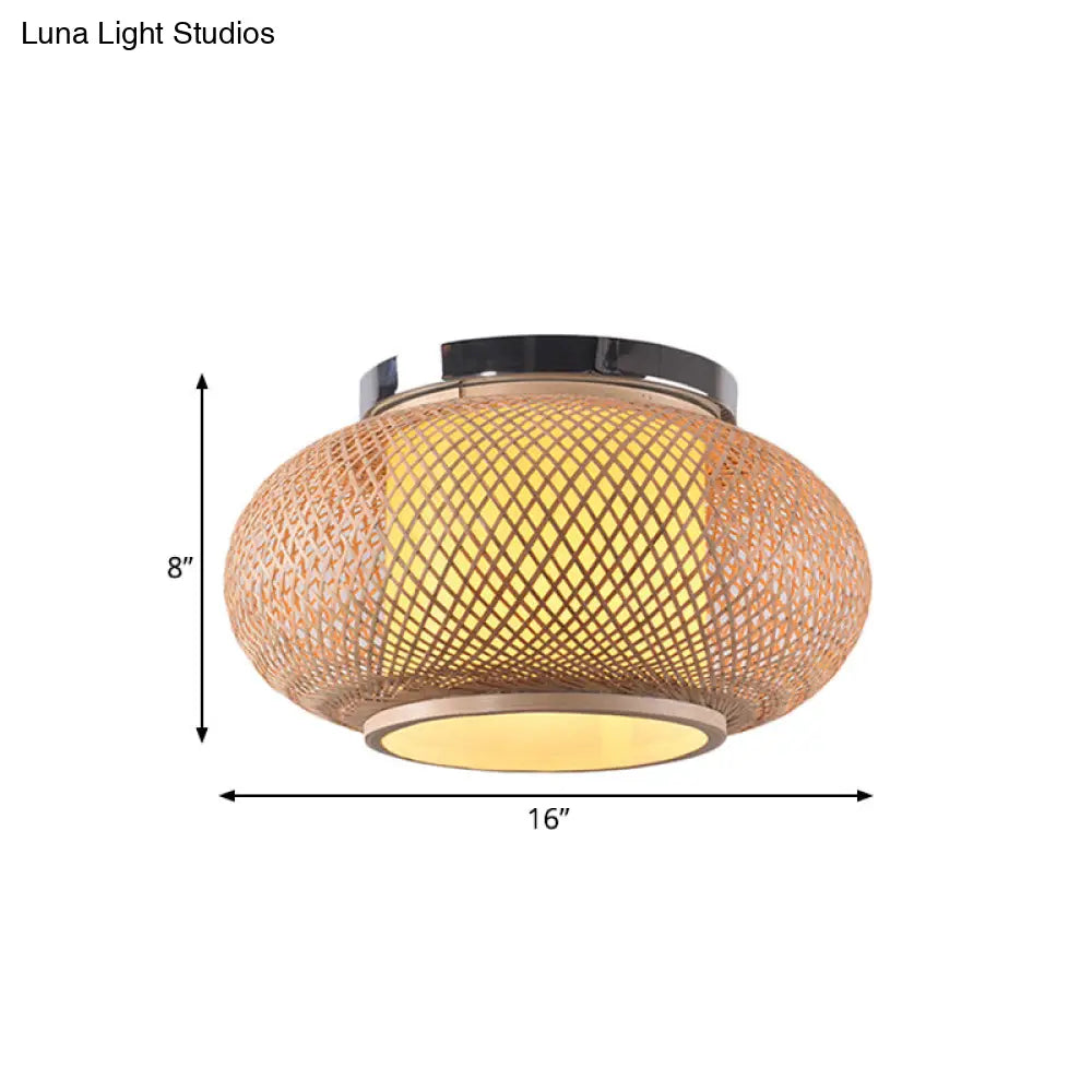 Yellow Lantern Shade Flush Light - Contemporary Style 16/19.5 Dia 1-Head Bamboo Ceiling Mounted For