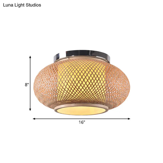 Yellow Lantern Shade Flush Light - Contemporary Style 16/19.5 Dia 1-Head Bamboo Ceiling Mounted For