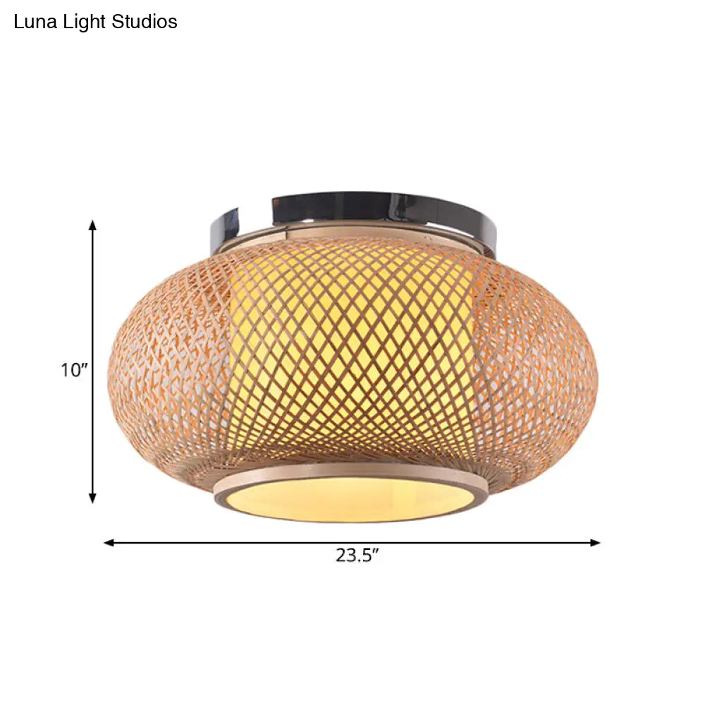 Yellow Lantern Shade Flush Light - Contemporary Style 16/19.5 Dia 1-Head Bamboo Ceiling Mounted For