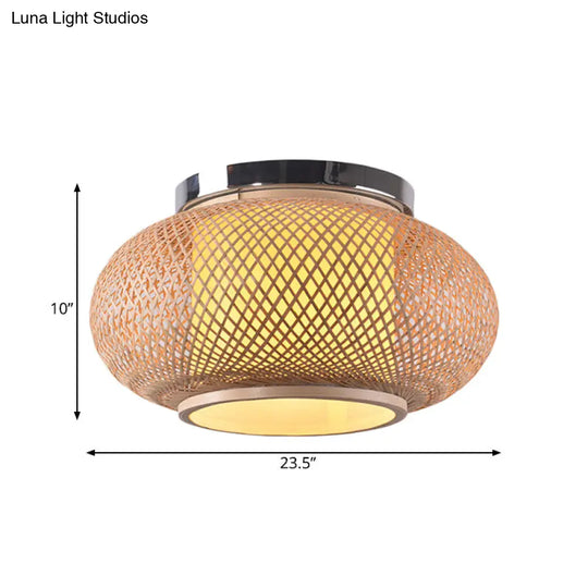 Yellow Lantern Shade Flush Light - Contemporary Style 16/19.5 Dia 1-Head Bamboo Ceiling Mounted For