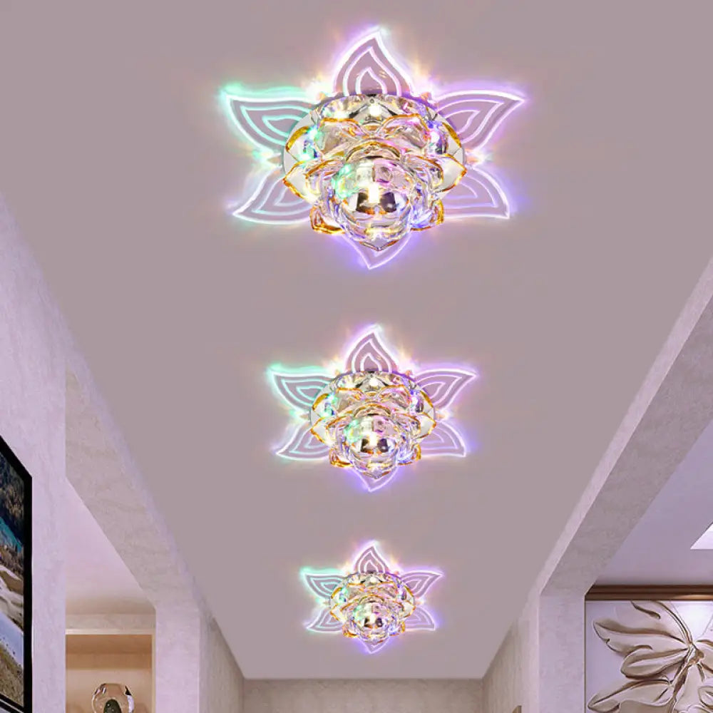 Yellow Led Bedroom Ceiling Lamp With Crystal Flower Shade - Warm/White/Multi Color Light / Warm