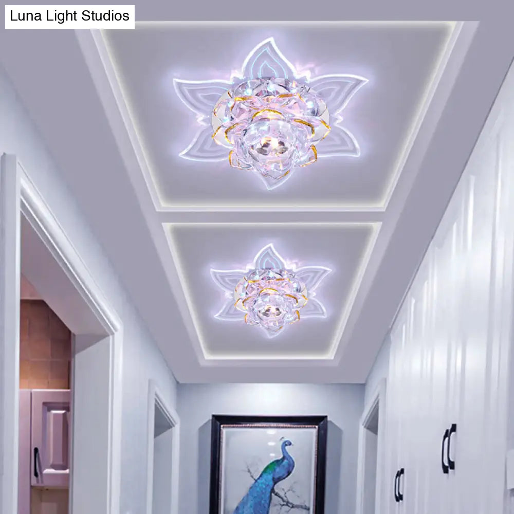 Yellow Led Bedroom Ceiling Lamp With Crystal Flower Shade - Warm/White/Multi Color Light