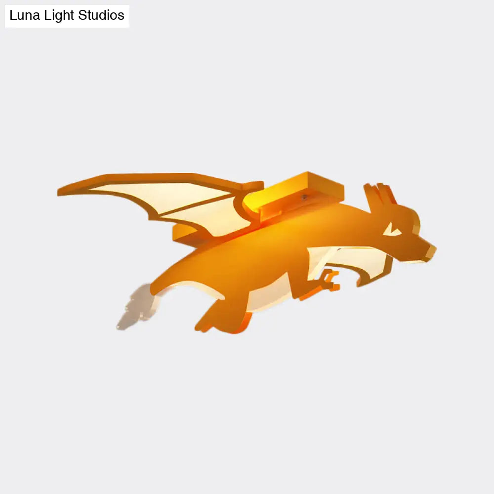 Yellow Led Flush Mount Lamp: Flying Dinosaur Acrylic Ceiling Light With Cartoon Design In Warm/White