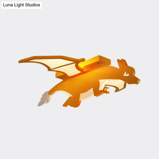 Yellow Led Flush Mount Lamp: Flying Dinosaur Acrylic Ceiling Light With Cartoon Design In Warm/White