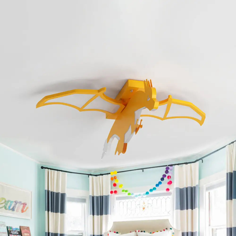 Yellow Led Flush Mount Lamp: Flying Dinosaur Acrylic Ceiling Light With Cartoon Design In