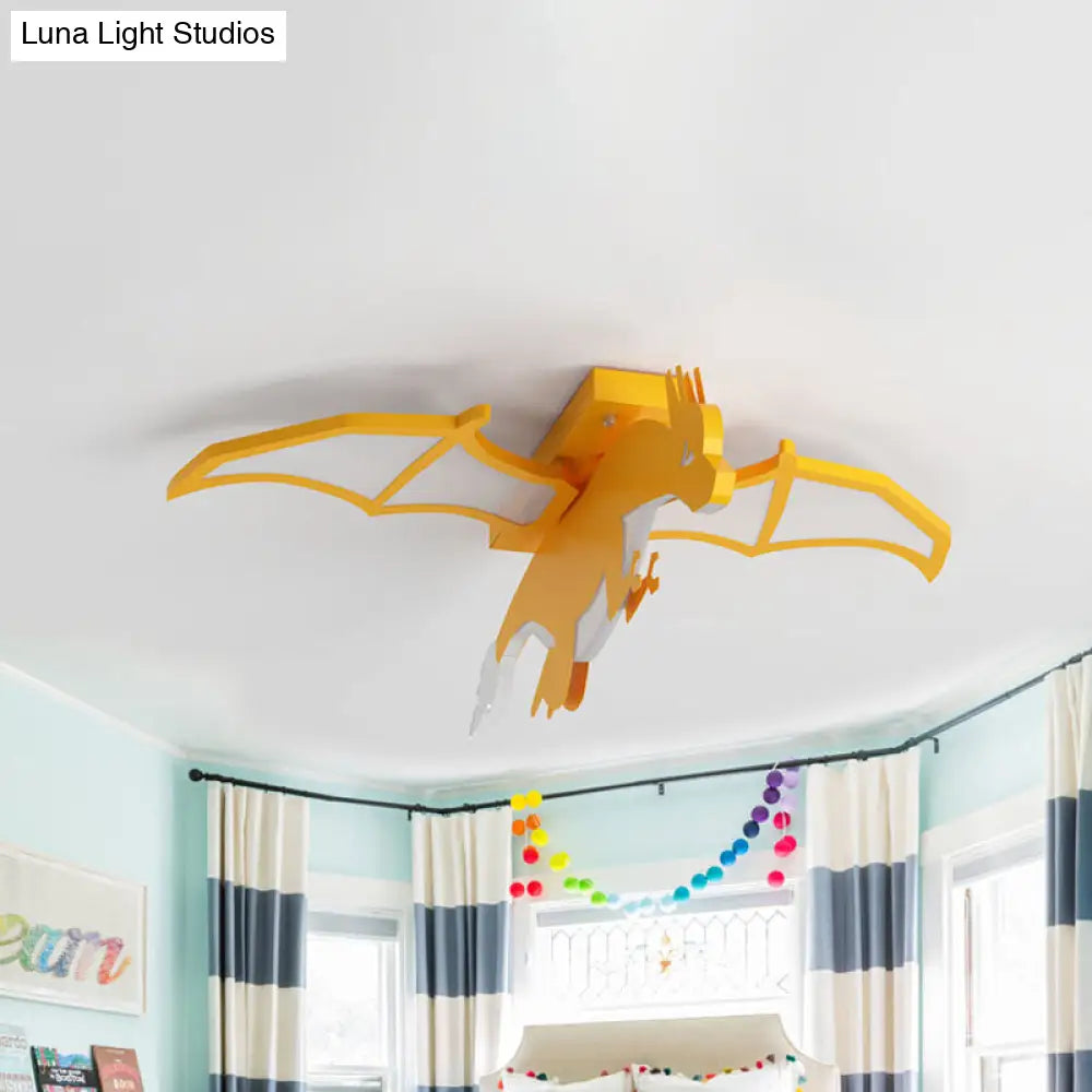 Yellow Led Flush Mount Lamp: Flying Dinosaur Acrylic Ceiling Light With Cartoon Design In Warm/White