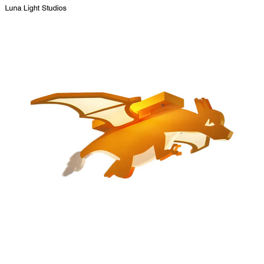 Yellow Led Flush Mount Lamp: Flying Dinosaur Acrylic Ceiling Light With Cartoon Design In Warm/White