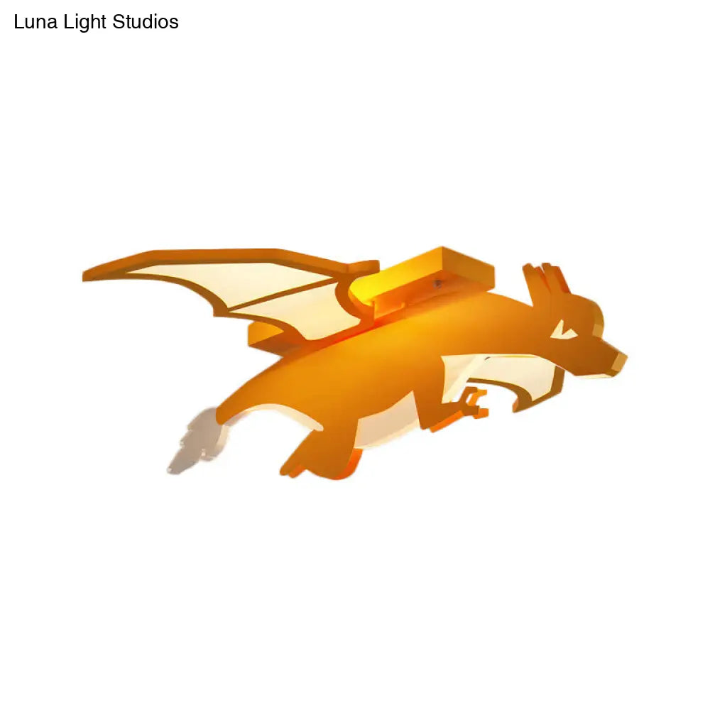 Yellow Led Flush Mount Lamp: Flying Dinosaur Acrylic Ceiling Light With Cartoon Design In Warm/White