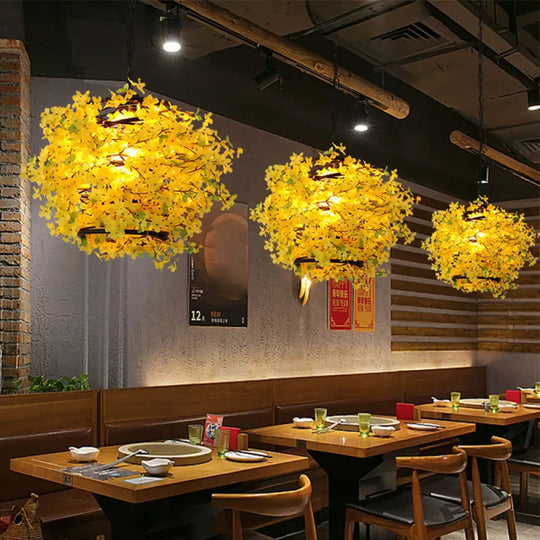 Yellow Metal Led Pendant Light For Restaurants - Industrial Blossom Style