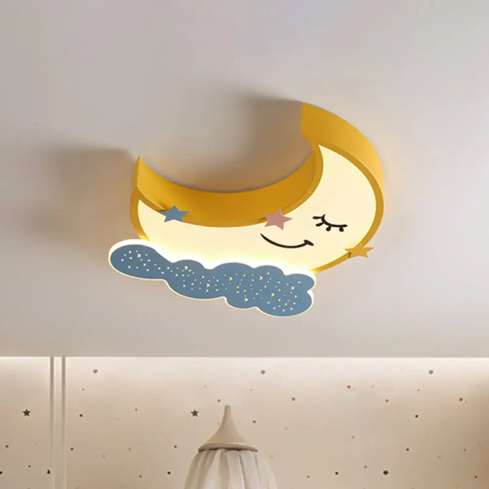 Yellow Moon And Cloud Led Flush Ceiling Light - Cartoon Metal Fixture