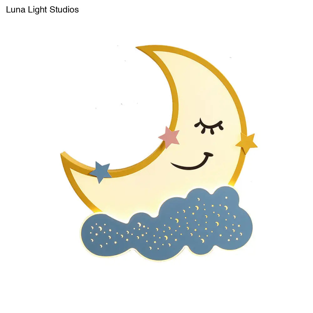 Yellow Moon And Cloud Led Flush Ceiling Light - Cartoon Metal Fixture