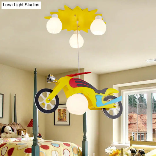 Yellow Motorbike Kids Pendant Lamp With White Glass Shade - 4 Light Cluster Ceiling Fixture