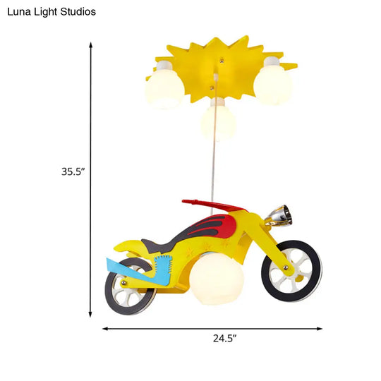 Yellow Motorbike Kids Pendant Lamp With White Glass Shade - 4 Light Cluster Ceiling Fixture