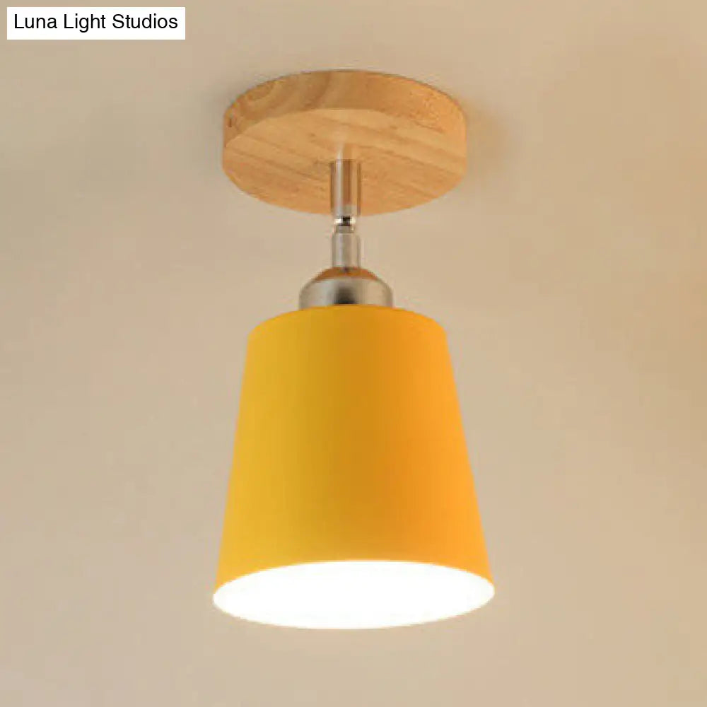 Yellow/Pink Macaron Metal Semi-Flush Bedroom Ceiling Light With Tapered Design & 1 Bulb Yellow