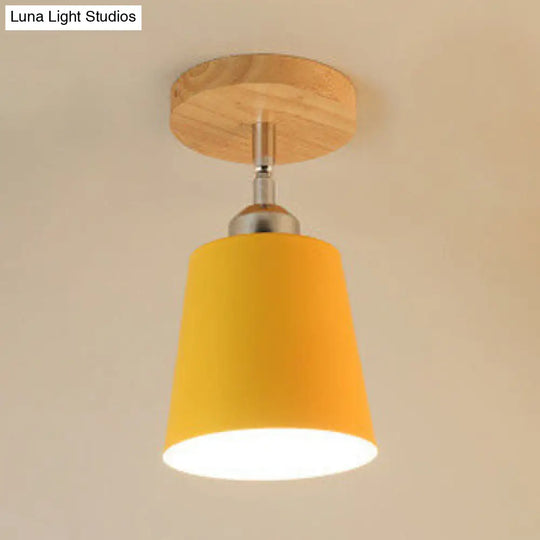 Yellow/Pink Macaron Metal Semi-Flush Bedroom Ceiling Light With Tapered Design & 1 Bulb Yellow