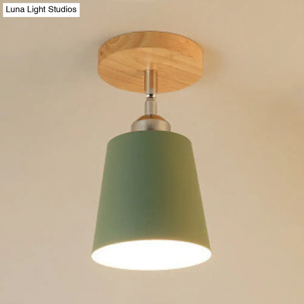 Yellow/Pink Macaron Metal Semi-Flush Bedroom Ceiling Light With Tapered Design & 1 Bulb Green