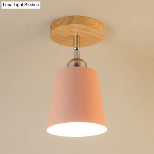 Yellow/Pink Macaron Metal Semi-Flush Bedroom Ceiling Light With Tapered Design & 1 Bulb Pink