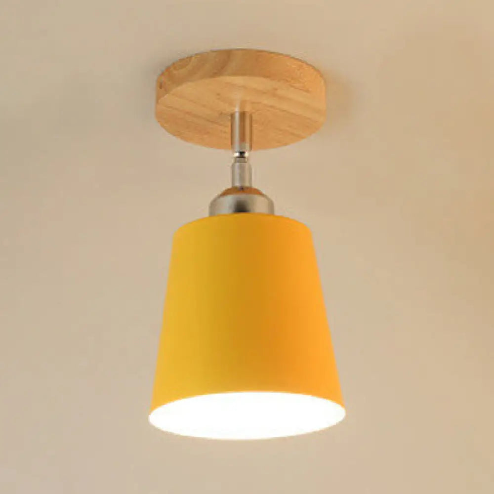 Yellow/Pink Macaron Metal Semi-Flush Bedroom Ceiling Light With Tapered Design & 1 Bulb Yellow