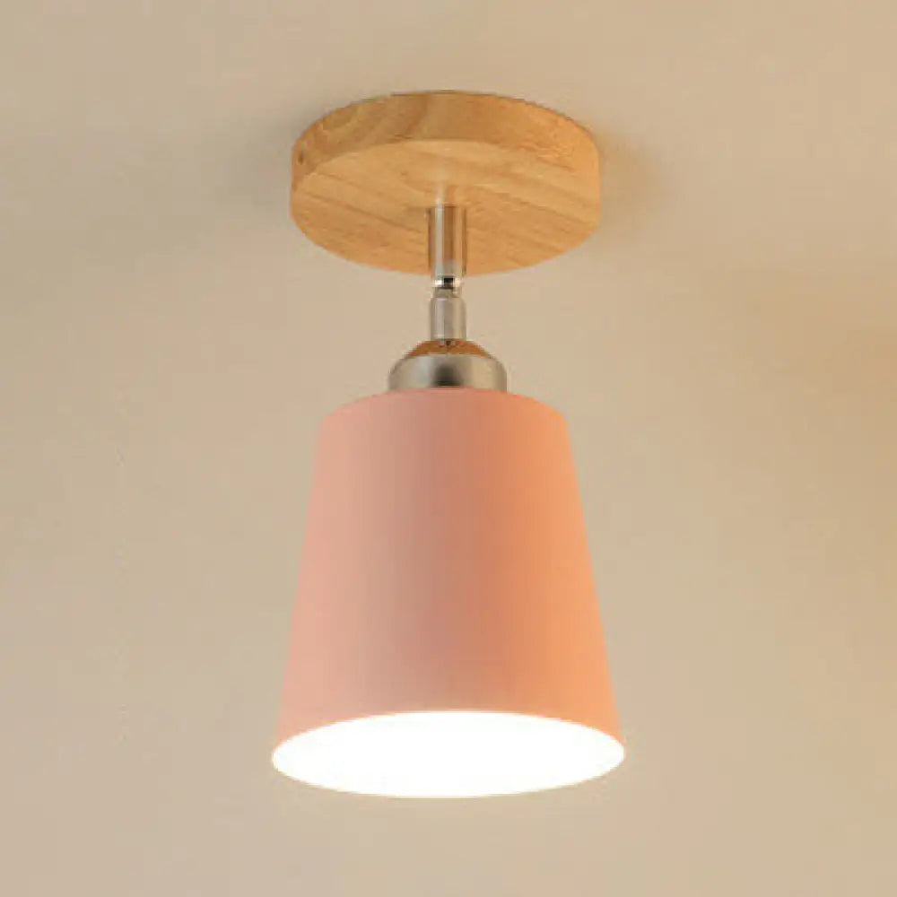 Yellow/Pink Macaron Metal Semi-Flush Bedroom Ceiling Light With Tapered Design & 1 Bulb Pink