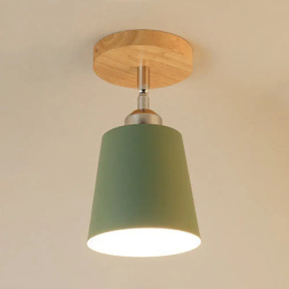 Yellow/Pink Macaron Metal Semi-Flush Bedroom Ceiling Light With Tapered Design & 1 Bulb Green