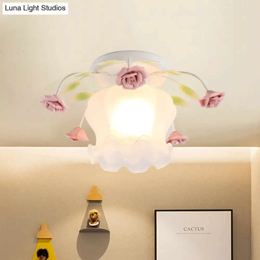 Yellow-Pink/White-Pink Flowerbud Cream Matte Glass Semi Flush Mount Ceiling Light For Corridors