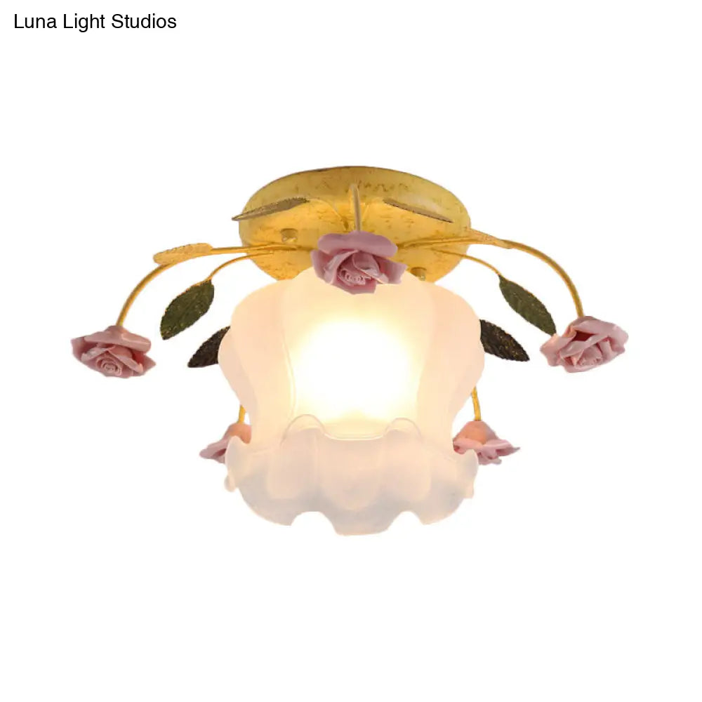 Yellow-Pink/White-Pink Flowerbud Cream Matte Glass Semi Flush Mount Ceiling Light For Corridors