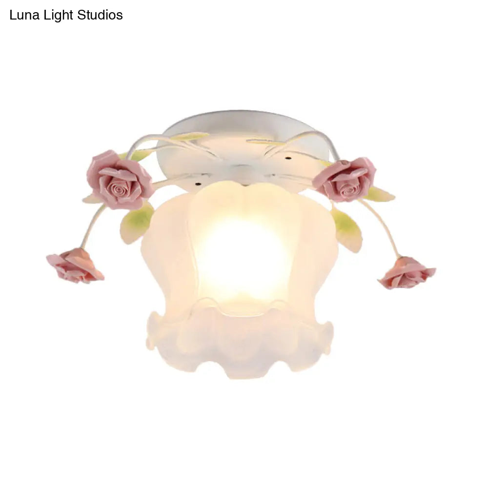 Yellow-Pink/White-Pink Flowerbud Cream Matte Glass Semi Flush Mount Ceiling Light For Corridors