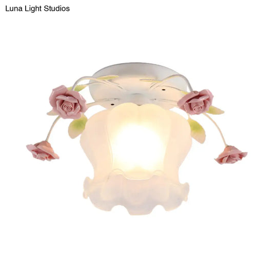 Yellow-Pink/White-Pink Flowerbud Cream Matte Glass Semi Flush Mount Ceiling Light For Corridors