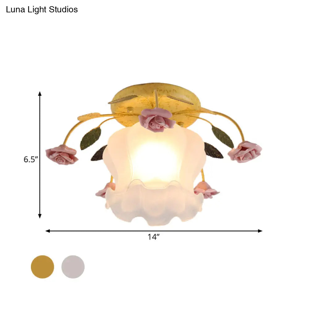 Yellow-Pink/White-Pink Flowerbud Cream Matte Glass Semi Flush Mount Ceiling Light For Corridors