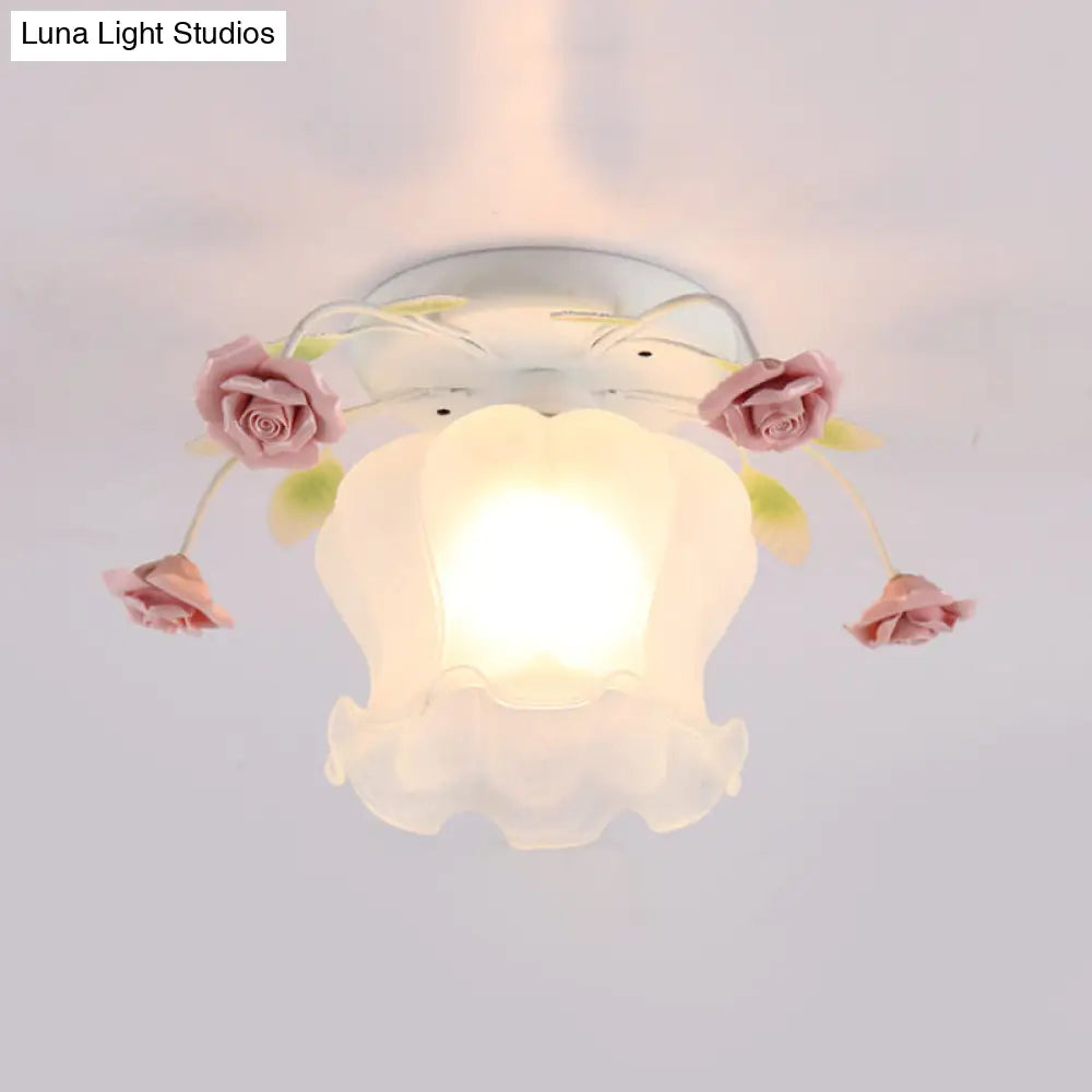 Yellow-Pink/White-Pink Flowerbud Cream Matte Glass Semi Flush Mount Ceiling Light For Corridors