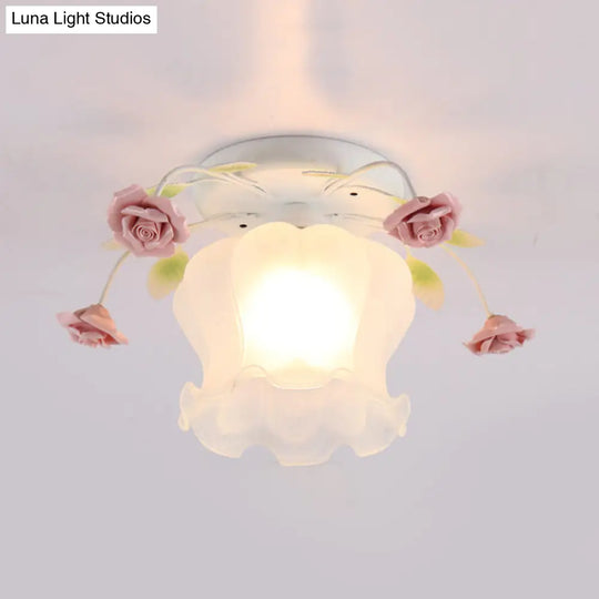 Yellow-Pink/White-Pink Flowerbud Cream Matte Glass Semi Flush Mount Ceiling Light For Corridors