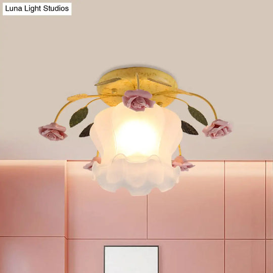 Yellow-Pink/White-Pink Flowerbud Cream Matte Glass Semi Flush Mount Ceiling Light For Corridors