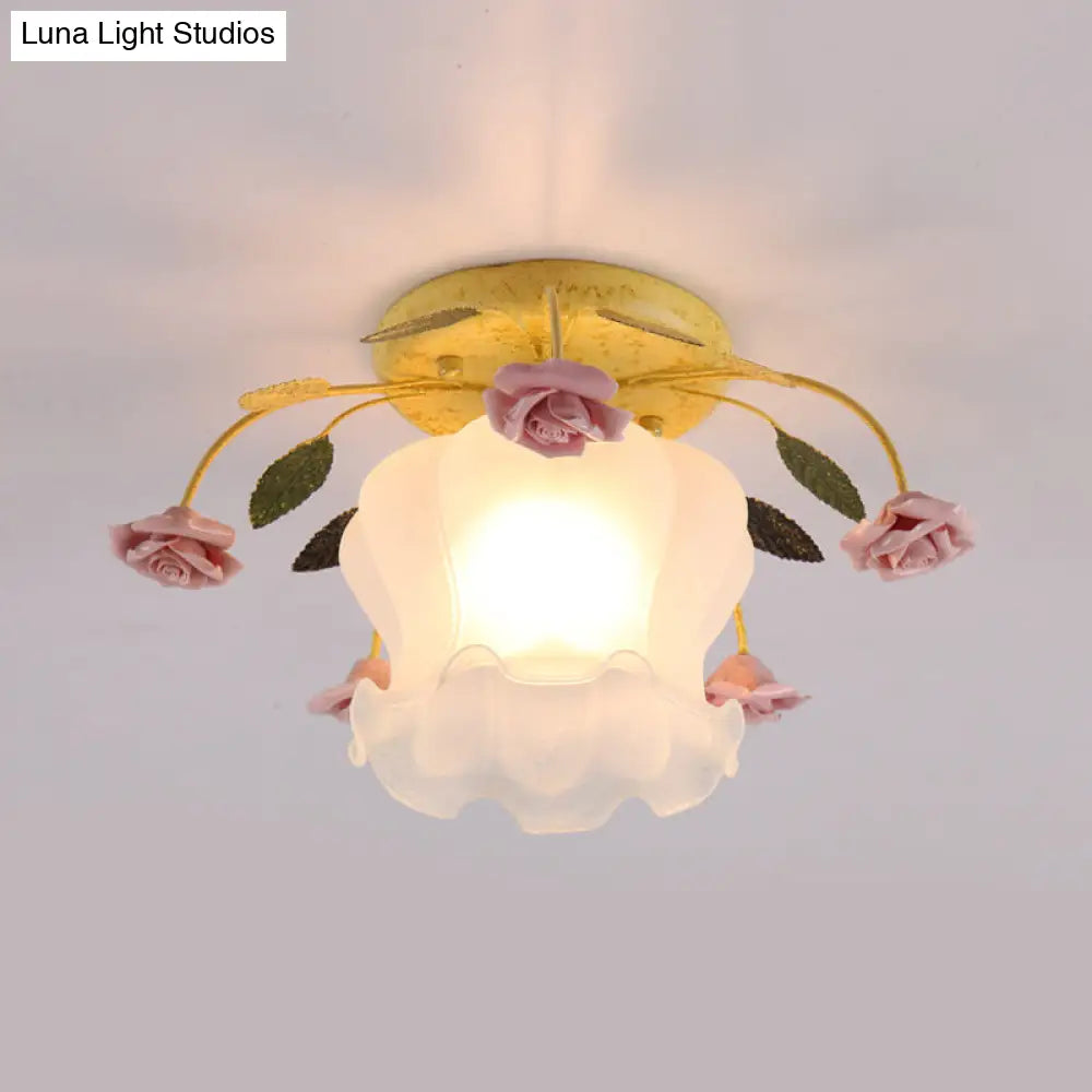 Yellow-Pink/White-Pink Flowerbud Cream Matte Glass Semi Flush Mount Ceiling Light For Corridors