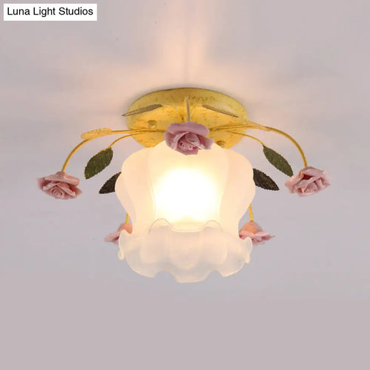 Yellow-Pink/White-Pink Flowerbud Cream Matte Glass Semi Flush Mount Ceiling Light For Corridors