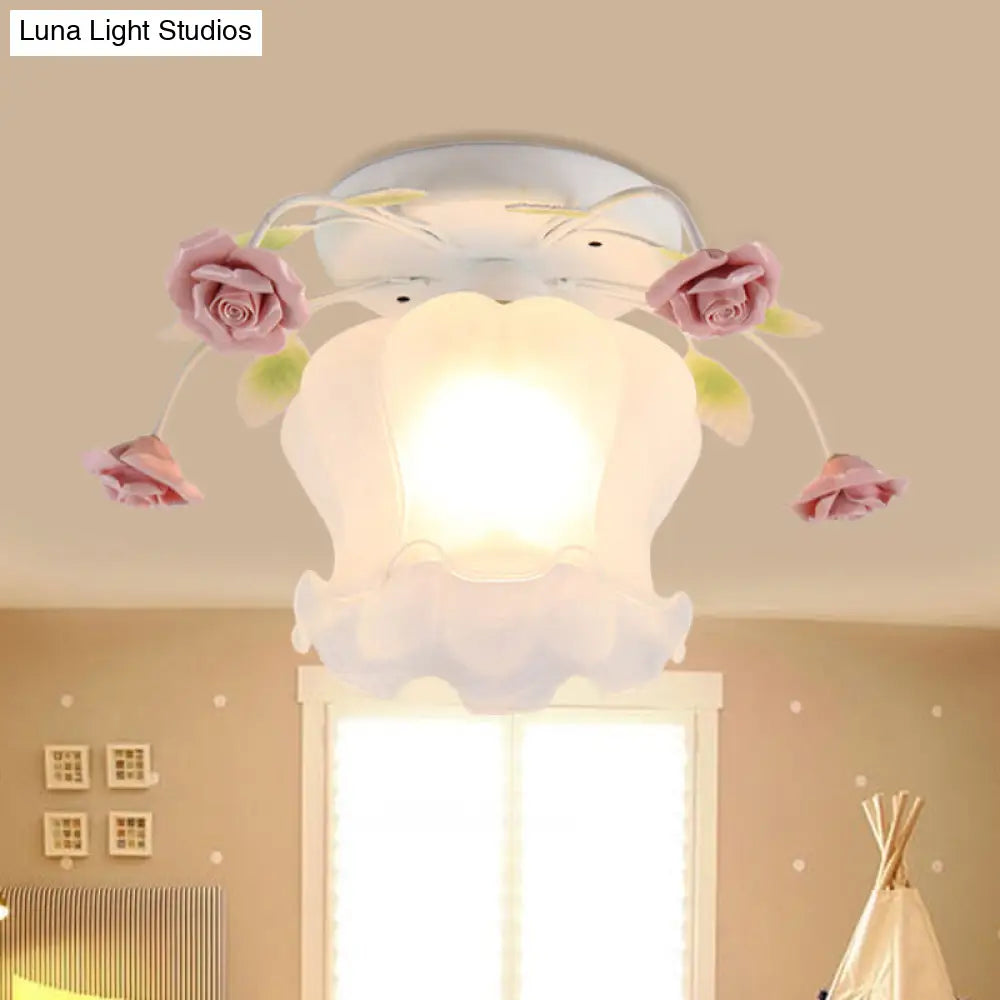 Yellow-Pink/White-Pink Flowerbud Cream Matte Glass Semi Flush Mount Ceiling Light For Corridors