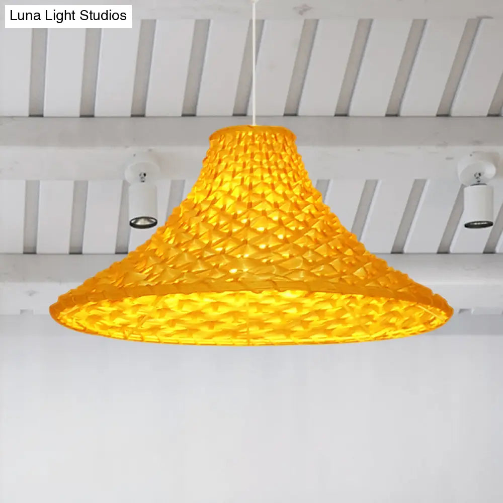 Yellow Rattan Pendant Light - Wide Flared Asian Design For Living Room