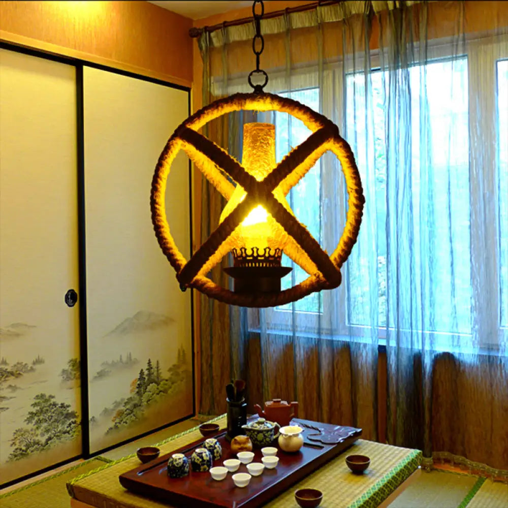 Yellow Rope Frame Pendant Light With Cracked Glass Shade - Lodge Style Inner Illumination Hotel