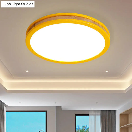 Yellow Round Flushmount Led Wood Ceiling Light For Bedroom - 12/16 Dia / 16
