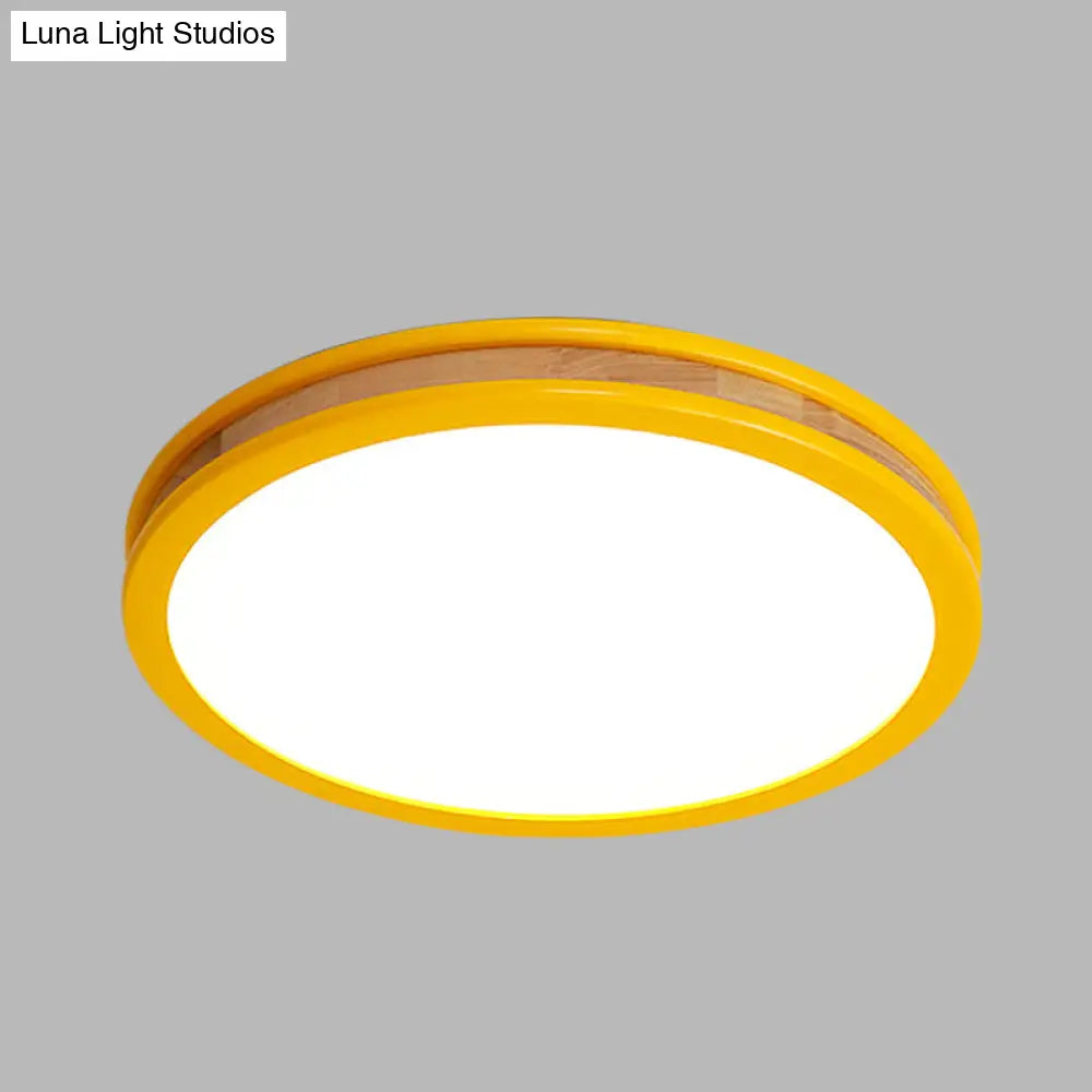Yellow Round Flushmount Led Wood Ceiling Light For Bedroom - 12/16 Dia