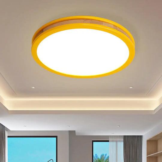 Yellow Round Flushmount Led Wood Ceiling Light For Bedroom - 12’/16’ Dia / 16’