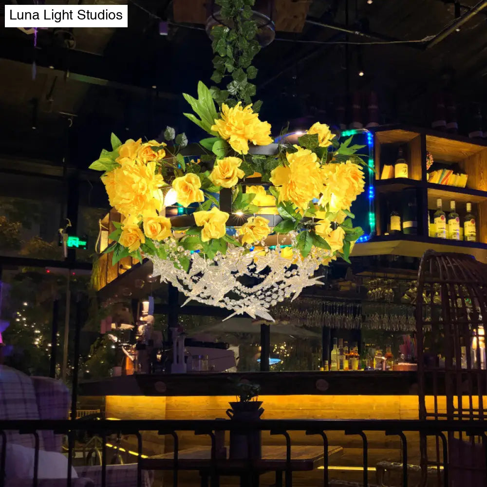 Industrial Iron 3-Light Yellow Round Cage Ceiling Chandelier With Crystal Accent - Restaurant